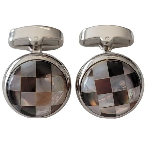 Egara Checker Shell Inlay Silver Tone Cufflinks, Signed E226 - Picture 9 of 9